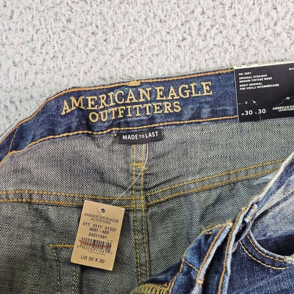 American Eagle Original Straight Jeans Mens 30x30 Blue Medium Vintage Wash Denim